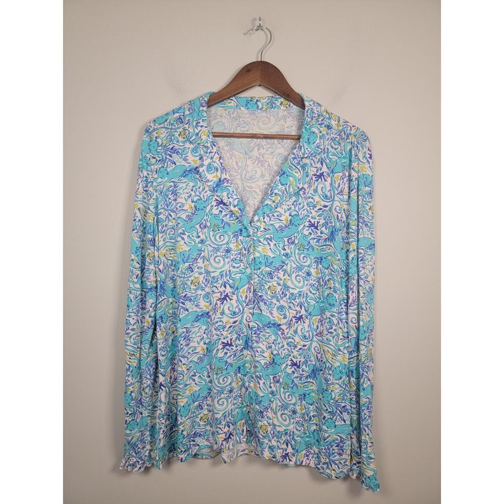 Lilly Pulitzer L Long Ruffle Sleeve Pajama Top Shirt Flaw